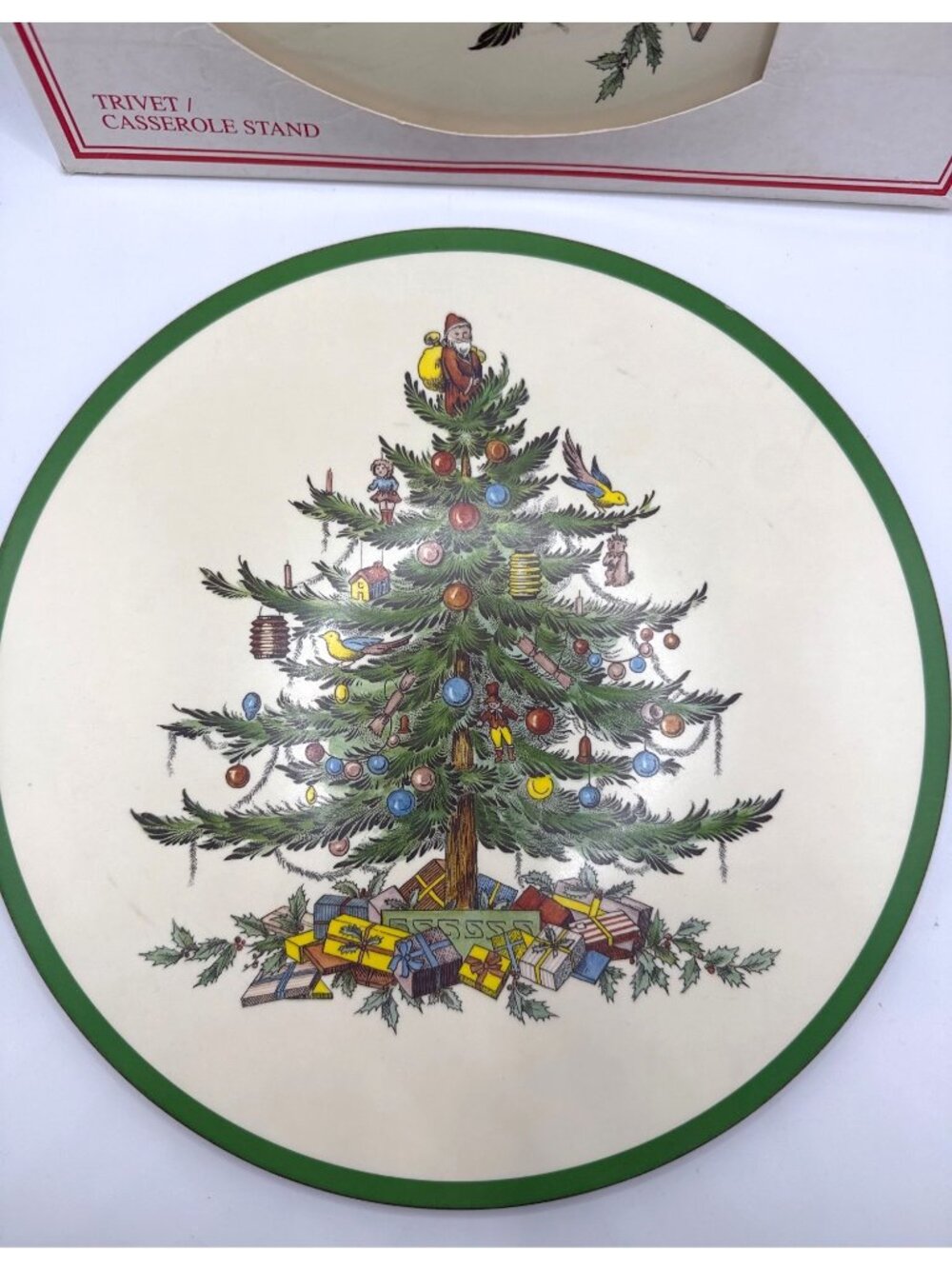 Spode Christmas Tree Round Trivet Cork Back Casserole Stand Green Border 10"